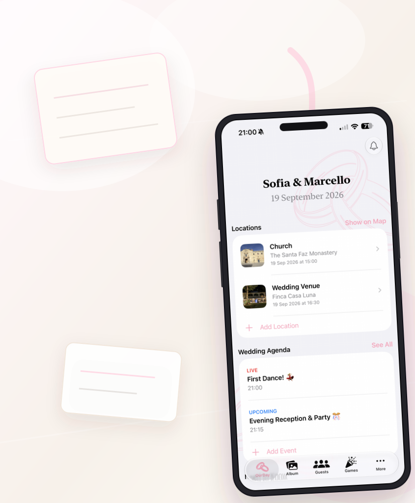 The JoinOurDay home screen showing a countdown, venues, and the day's agenda