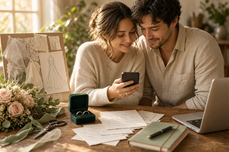 A couple planning their wedding at a wooden table, looking at a phone together, with a mood board of dress sketches and lace swatches behind them, an open box of wedding bands, a half-made bouquet and a handwritten guest list in front of them.