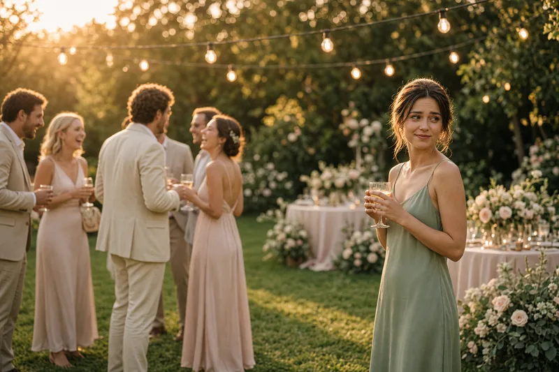 Wedding guests talking in two small groups in a garden while one guest stands apart on her own, holding her drink and looking unsure.
