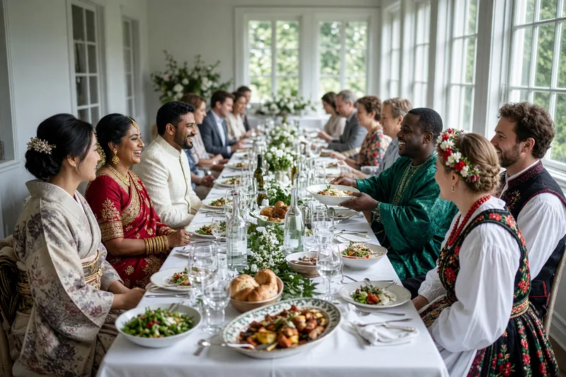 Wedding guests in a kimono, a sari, a sherwani, an agbada and Polish folk dress seated together along one long banquet table, passing dishes and talking across it.