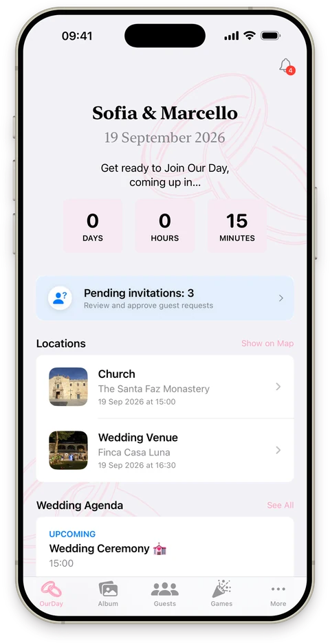 The JoinOurDay wedding day screen, where the answers to those questions already live.