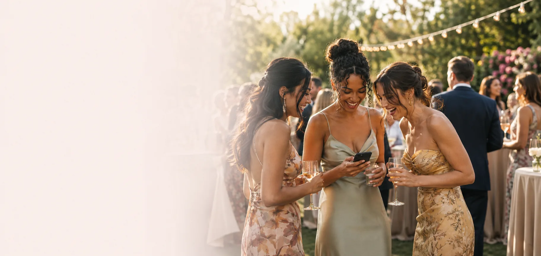 Wedding guests sharing a laugh as they look at a phone together during a garden reception